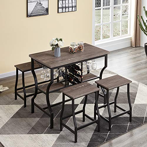 4-Piece Dining Room Table Set, Counter Height Pub Table Set with Wine Storage and Glass Holder
