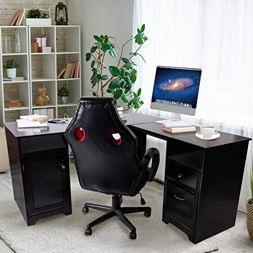 Upscale Decor L Shaped Corner Computer Gaming Desk With Drawers Storage Modern Wood Study Workstation Table for Small Space Home Office, Dark Brown