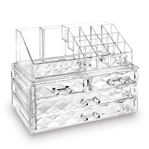 Ikee Design Diamond Pattern Jewelry & Cosmetic Storage Display Boxes Two Pieces Set, Cosmetic Jewelry Organizer Makeup Holder, Cosmetic Holder, Cosmetic Organizer for Vanity