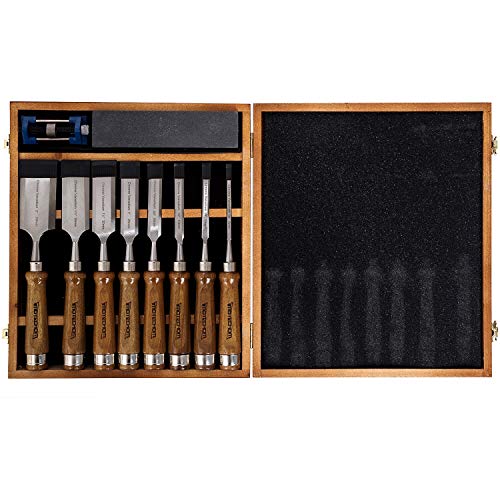 IMOTECHOM 10-Pieces Woodworking Wood Chisel Set with Walnut Handle, Honing Guide, Sharpening Stone, Wooden Storage Case