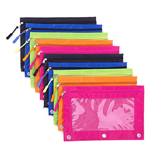 Binder Pencil Pouch with Zipper Pulls, Pencil Case with Rivet Enforced 3 Ring, 10 Pack 5 Colors