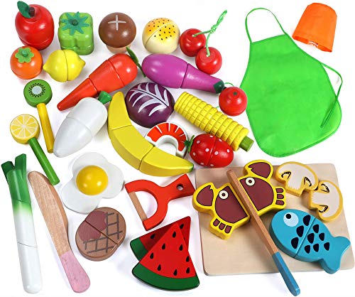 Lewo 33 Pcs Play Food Toys Cutting Fruit Vegetables Set Magnetic Wooden Cooking Food Pretend Play Kitchen Kits Early Educational Toys for Toddlers Boys Girls Kids