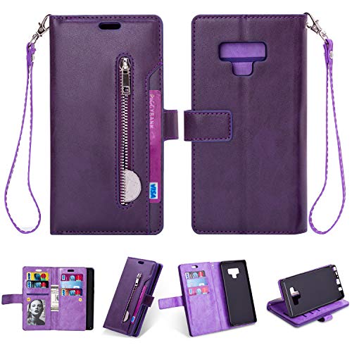 FLYEE Samsung Note 9 Case,Galaxy Note 9 Wallet Case, 10 Card Slots Premium Flip Wallet Leather Magnetic Case Purse with Zipper Coin Credit Card Holder Cover for Samsung Galaxy Note 9 Purple