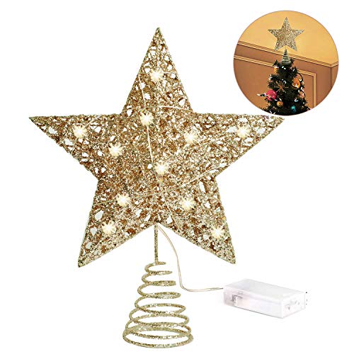 INAROCK Glittered Christmas Tree Topper 8 Inch Metal Star Treetop 10 LED Xmas Topper Star for Christmas Tree Decoration (Gold)