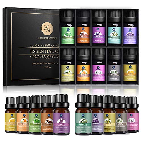 Lagunamoon Essential Oils Top 10 Gift Set Pure Essential Oils Gift Set for Diffuser, Humidifier, Massage, Aromatherapy, Skin & Hair Care