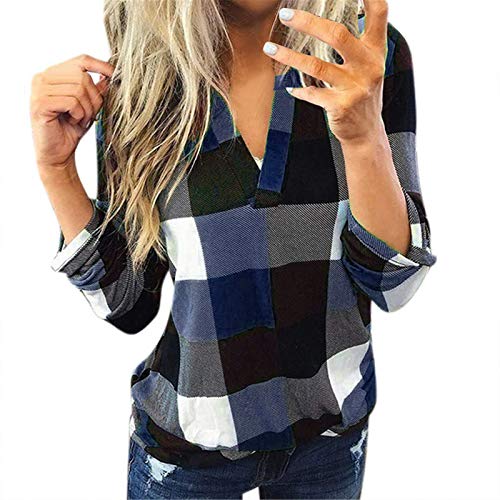 Women Roll Up Long Sleeve Flannel Plaid Shirt Pullover V Neck Slim Tops Casual Loose Boyfriend Tunic T Shirts Blouses