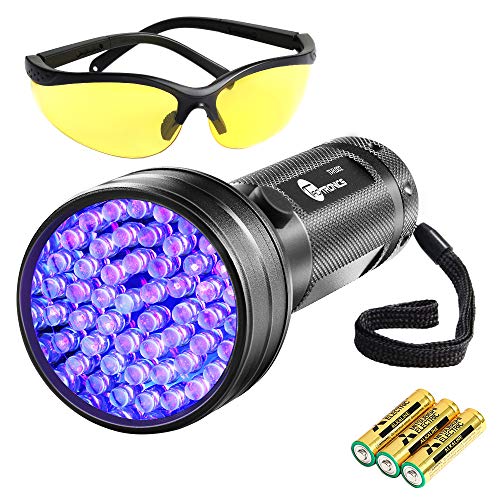 TaoTronics TT-FL002 Black Light, 51 LEDs Uv Blacklight Flashlights Detector for Dry Pets Urine & Stains & Bed Bug with Uv Sunglasses & 3 AAA Batteries