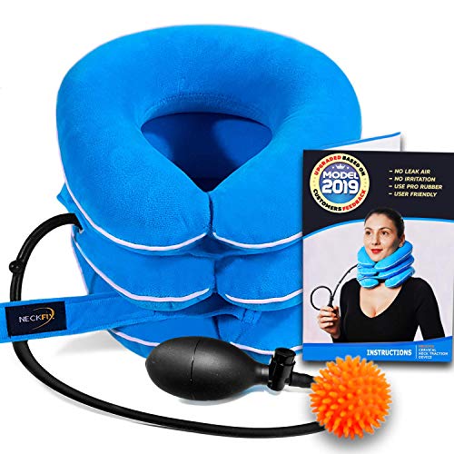 Cervical Neck Traction Device by NeckFix for Instant Neck Pain Relief - Adjustable Neck Stretcher Collar for Home Traction Spine Alignment [Model 2019] + Bonus (12-17 inch)