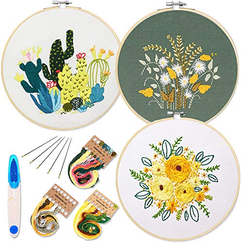 3 Pack Embroidery Starter Kit with Pattern and Instructions, Full Range of Stamped Embroidery Kits with 3 Embroidery Clothes with Plants Flowers Pattern, 1 Embroidery Hoops