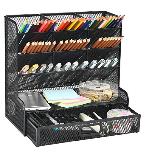 Marbrasse Mesh Desk Organizer, Multi-Functional Pen Holder, Pen Organizer for desk, Desktop Stationary Organizer, Storage Rack for School Home Office Art Supplies (Balck Mesh Pen Holder with Drawer)