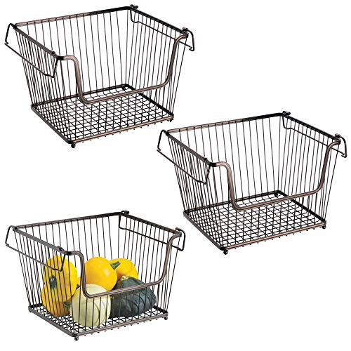 mDesign Modern Stackable Metal Storage Organizer Bin Basket with Handles, Open Front for Kitchen Cabinets, Pantry, Closets, Bedrooms, Bathrooms - Large, 3 Pack - Bronze