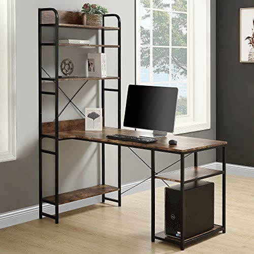 Modern Luxe Black(w/Shelf) L-Shaped Corner with Bookshelf 2-Pieces Computer PC Table Set Home Office Desk with Shelves, Brown