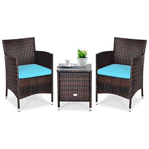 Tangkula Patio Furniture Set 3 Piece, Outdoor Wicker Rattan Conversation Set with Coffee Table, Chairs & Thick Cushions, Suitable for Patio Garden Lawn Backyard Pool