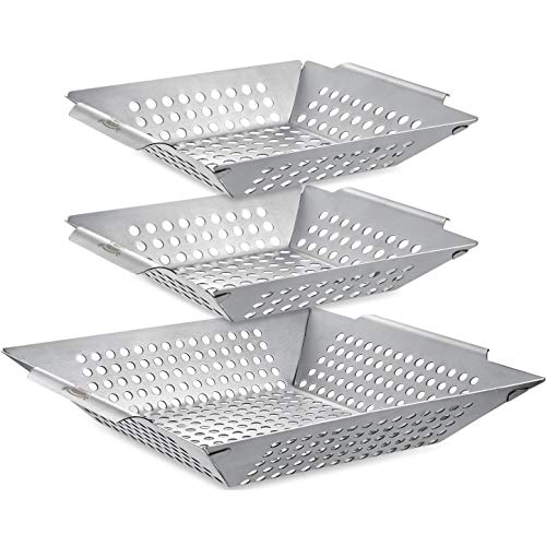 3 Pack Grill Basket Set - Grill Baskets for Outdoor Grill, Heavy Duty Stainless Steel Vegetable Grill Basket, Grilling Basket for Veggie & Kabob, 5-Star Grilling Accessories for All Grills & Smokers