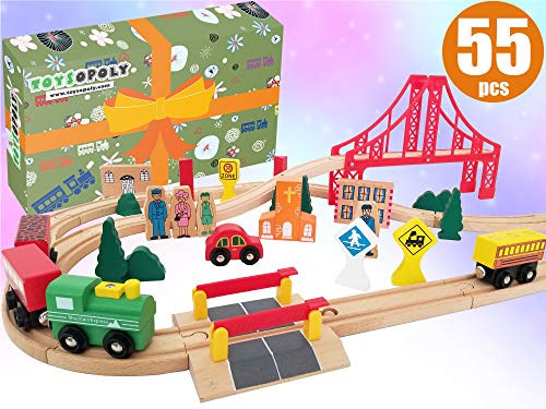 Wooden Train Tracks Full Set, Deluxe 55 Pcs with 3 Destination Fits Thomas, Brio, IKEA, Chuggington, Imaginarium, Melissa and Doug - Best Gifts for Kids Toddler Boys and Girls