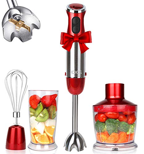KOIOS 800W 4-in-1 Multifunctional Hand Immersion Blender, 12 Speed, 304 Stainless Steel Stick Blender, Titanium Plated, 600ml Mixing Beaker, 500ml Food Processor, Whisk Attachment, BPA-Free, Red