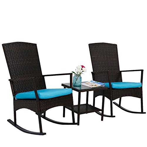Peach Tree Rattan Rocker Chair Outdoor Garden Rocking Chair Wicker Lounge w/Turquoise Cushion and Tea Table