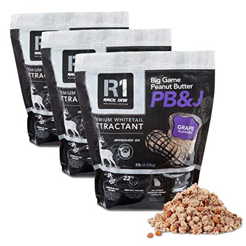 Rack One Big Game Peanut Butter Premium Whitetail Deer Attractant | 5 Lb Bags | 3 Pack | Grape Flavor | 100% Shelled Peanuts, Deer Feed Protein Supplement, Works as Bear & Hog Attractant