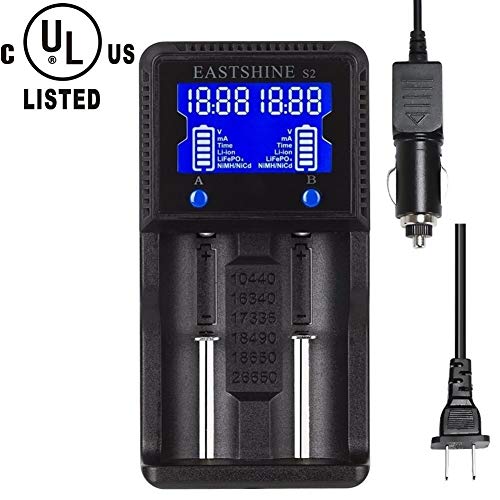 Universal Battery Charger EASTSHINE S2 LCD Display Speedy Smart Charger for Rechargeable Batteries Ni-MH Ni-Cd AA AAA Li-ion LiFePO4 IMR 10440 14500 16340 18650 RCR123 26650 18500 17670 & Car Adapter