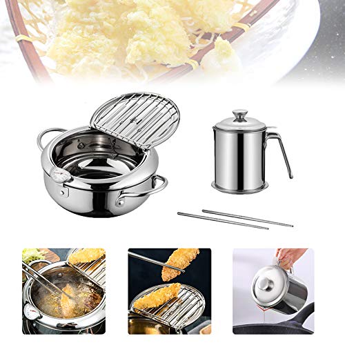 Japanese-style Tempura Deep Fryer Household Frying Pot With Thermometer Lid And Oil Drip Drainer Rack Nonstick Stainless Steel Fryer Pot Uncoated Fryer for Kitchen Cooking (2.2L+1.3L)