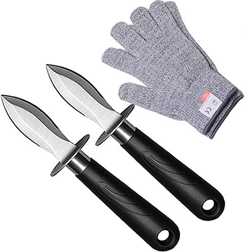 Oyster Shucking Knife Clam Knife Shucker Seafood Opener with Non Slip Handle and Level 5 Protection Food Grade Cut Resistant Gloves (2knifes+1 pair L gloves)