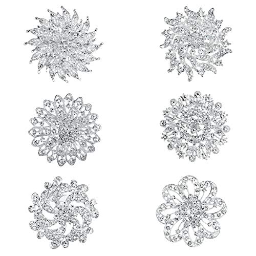 WeimanJewelry Silver/Gold Plated Lot 6pcs Crystal Rhinestones Flower Brooch Pin Set for DIY Wedding Bouquets Decoration (Silver)