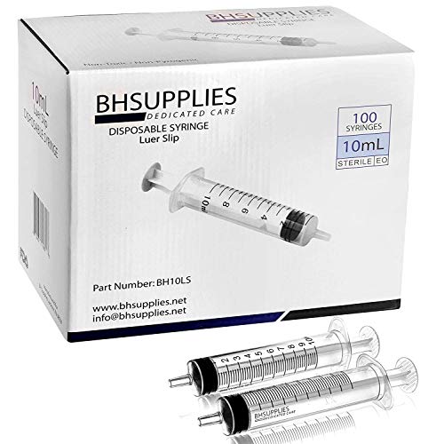 10ml Syringe Sterile with Luer Slip Tip, BH SUPPLIES - (No Needle) Individually Sealed - 100 Syringes