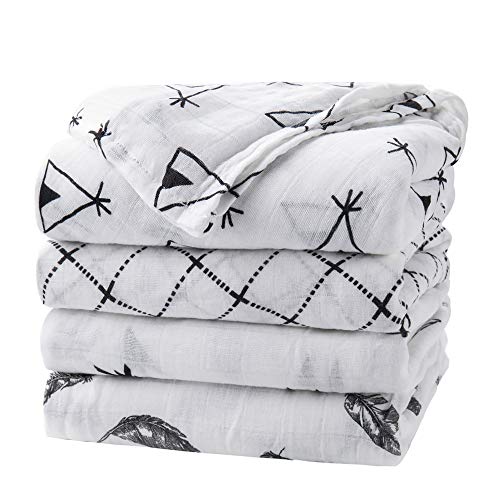 upsimples Baby Swaddle Blanket Unisex Swaddle Wrap Soft Silky Bamboo Muslin Swaddle Blankets Neutral Receiving Blanket for Boys and Girls, Large 46 x 45 inches, Set of 4-Arrow/Feather/Tent/Crisscross