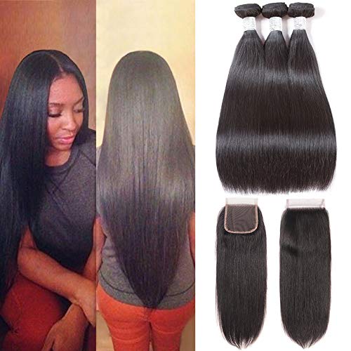 Subella Brazilian Straight Hair 3 Bundles with Closure Grade 9A Unprocessed Brazilian Virgin Human Hair Bundles with Closure Natural Black Color (12 14 16+10 Free Part)