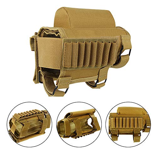 AIRSSON Tactical Rifle Cheek Rest Holder with 2 Molle Pouch for 8 Grid Shells and 2 Different Heights Cheek Leather Pad .22 .223 Cal .308 30-06 .300 .303 & 7.62mm