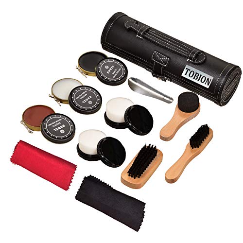 TOBION Shoe Shine Brush Kit Shoe Care Kit Shoes Brushes polishing & Cleaning Kit with PU Leather Sleek Elegant Case(Small, Black)
