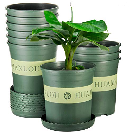 Flower Pot, ZOUTOG 1 Gallon Pots for Plants, Nursery Pots with Drainage Hole and Tray, Pack of 10, Plants not Included, Green