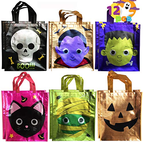 12 Pcs Shiny Trick-or-Treat Reusable Metal Shining Tote Bags in 6 Designs for Trick-or-Treating, Halloween Party Favors, Event Party Supplies, Halloween Goodie Bags