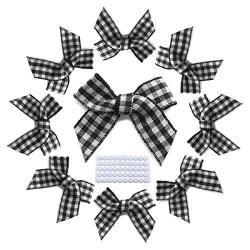 Gingham Ribbon Bows Black and White 48pcs Mini Bows with Sticky Gel Pad for Scrapbooking, DIY Crafts and Gifts Decoration(Black&White)