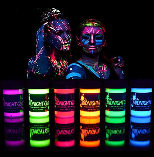 Midnight Glo Black Light Paint UV Neon Face & Body Paint Glow Kit (6 Bottles 0.75 oz. Each) - Blacklight Reactive Fluorescent Paint - Safe, Washable, Non-Toxic