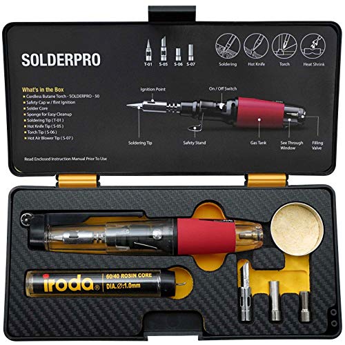 Iroda Solderpro 50K Cordless Soldering Iron Kit, 4-in-1 Portable, Heat Shrink, Hot Knife, Butane Soldering Iron Torch, Perfect for Hobbyists, 18 Second Heat Up, 40 Mins Run Time Butane Not Included