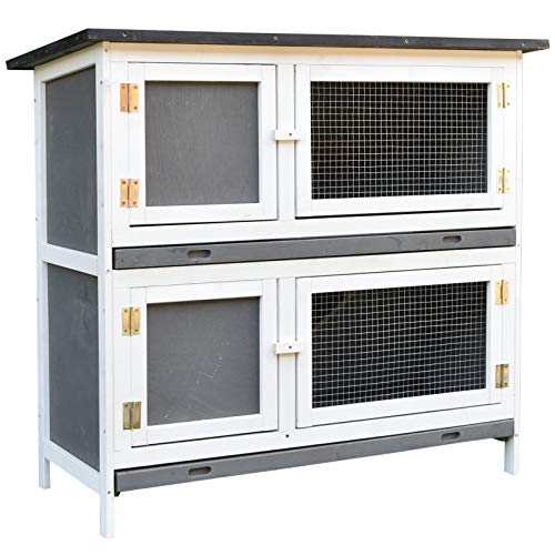 PawHut Solid Wood Rabbit/Bunny Hutch with 2 Large Main Rooms, Protection from UV Rays and Water, and Firm Cage, Grey