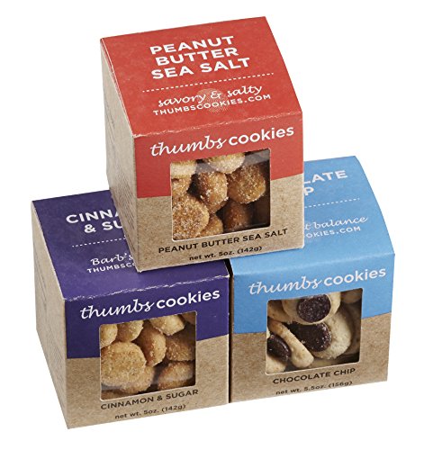 Thumbs Cookies Variety Pack of Fresh Baked Cookies in 3 Boxes - Chocolate Chip Cookies, Cinnamon Sugar Cookies, and Peanut Butter Sea Salt Cookies - 1 lb. Cookie Gift Box