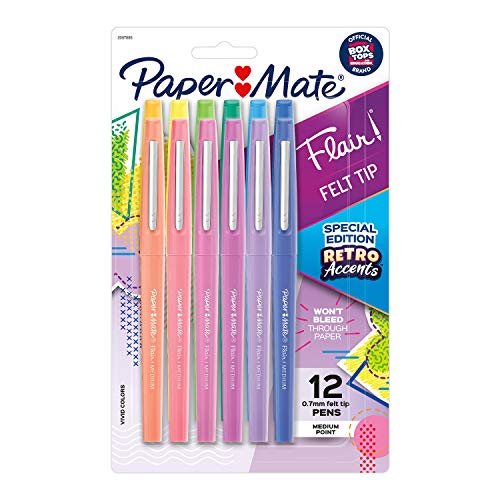 Paper Mate Flair Felt Tip Pens, Medium Point, Assorted, Special Edition Retro Accents, 12 Pack