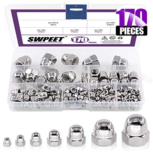 170Pcs 304 Stainless Steel Serrated Metric Acorn Cap Nuts Hex Dome Cap Assortment Kit, 7 Sizes - M3 M4 M5 M6 M8 M10 M12