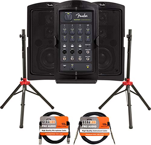 Fender Passport Conference Portable PA System Bundle with Compact Speaker Stands, XLR Cable, and Instrument Cable
