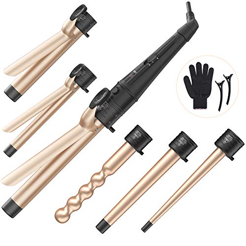 6 in 1 Curling Wand Set with 6 Interchangeable Ceramic Barrels with Anti-scalding Tip (0.35'' to 1.25'') and Heat Resistant Glove, Hair Curler for Girls Women Gifts (Gold)