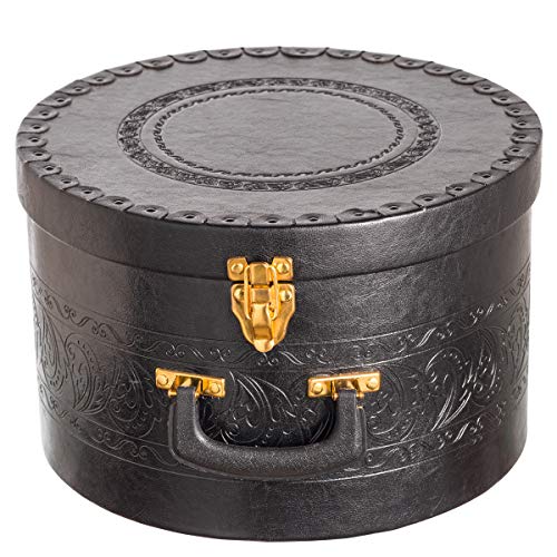 Large Black Hat Storage Box (15.2' Diameter -9' Height) Round Hat Box Container Easy Travel with Gold locking Lid and Sturdy Handle For Carrying for Big Round or Sun Beach Hats and Caps.