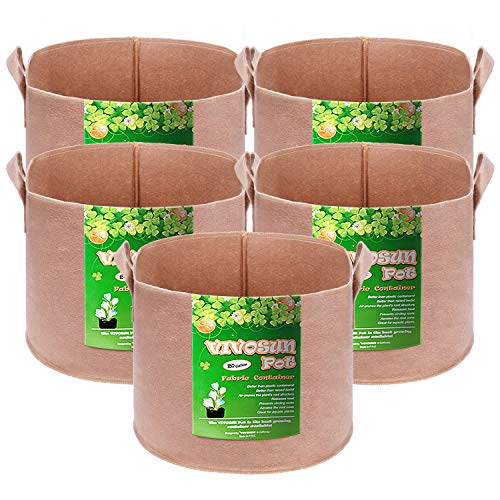 VIVOSUN 5-Pack 20 Gallons Grow Bags Heavy Duty Thickened Nonwoven Fabric Pots with Strap Handles Tan