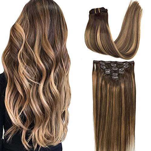 GOO GOO Hair Extensions Clip in Human Hair Ombre Chocolate Brown to Caramel Blonde 120g 7pcs Remy Human Hair Extensions Clip in Real Hair Extensions Natural Hair Extensions Straight 16 Inch