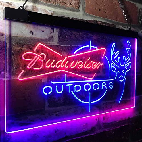 zusme Budweiser Outdoor Hunting Cabin Deer Decor Novelty LED Neon Sign Blue + Red W16 x H12