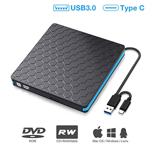 External DVD Drive, M WAY USB 3.0 Type C CD Drive, Dual Port DVD Player, Portable Optical Burner Writer Rewriter, High Speed Data Transfer for Laptop Notebook Desktop PC MAC OS Windows 7/8/10