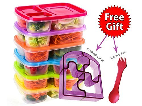 Bento Lunch Box 3 Compartment Food Containers – Set of 6 Storage meal prep–for Adults, Toddler, Kids, Girls, and Boys – Free 2-in-1 Fork/Spoon & Puzzle Sandwich Cutter -Not recommended for liquid