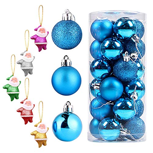 Pendant & Drop Ornaments - 24Pcs Christmas Balls Party Xmas Tree Decorations Hanging Ornament + 6PC Santa Christmas (Blue)
