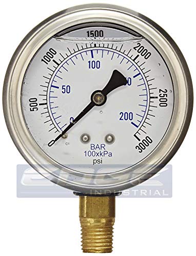 NEW STAINLESS STEEL LIQUID FILLED PRESSURE GAUGE WOG WATER OIL GAS 0 to 3000 PSI LOWER MOUNT 0-3000 PSI 1/4' NPT 2.5' FACE DIAL FOR COMPRESSOR HYDRAULIC AIR TANK